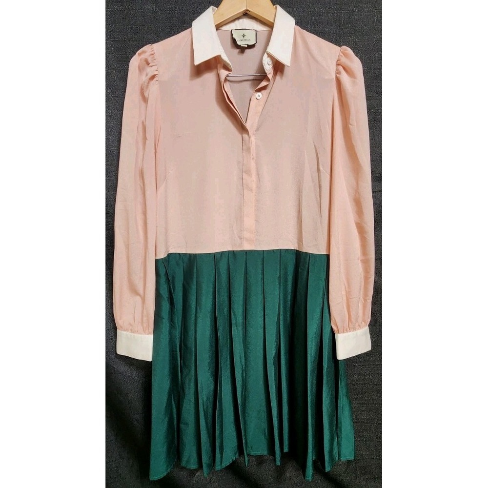 Tuckernuck Hunter Green Pink Crepe Callahan Shirt Dress Collar Cuff Cottage Core